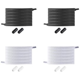 Asheyya 4 Pcs Shoe Laces Elastic no Tie for Trainers, White Black Elasticated Laces for Kids Adult with Metal Buckles