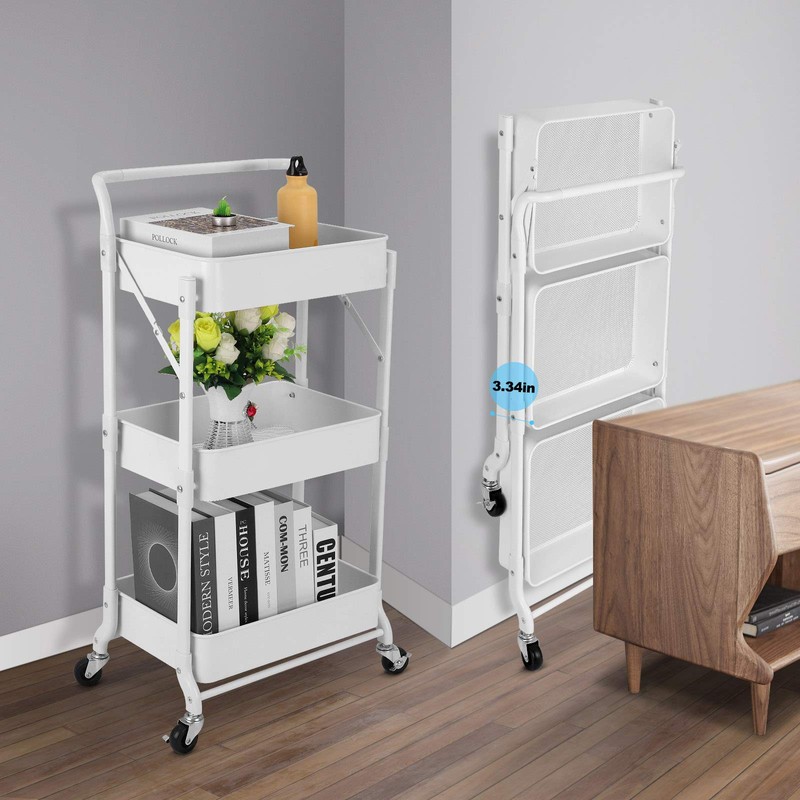 johgee Foldable 3 Tier Metal Utility Rolling Cart, Folding Mobile