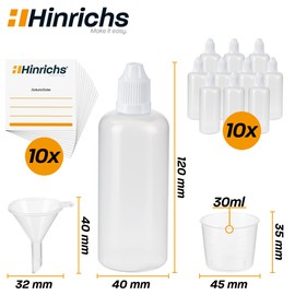 Hinrichs 10 x 100ml Squeeze Bottle with funnel measuring beaker and 10 labels - measure store liquids - child-proof lock - Squeezy Bottles LDPE material â€“ Wash Bottle - Squeezy bottle