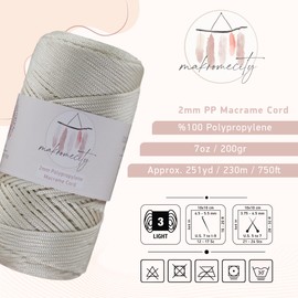 Makromecity, Polyester Macrame Cord 2mm x 250 Yards (750 feet) 2mm Polypropylene Macrame Cord for Macrame Art & Crafts for Wall Hangings, Bags, Underplate, Rug (29 Colors Available)