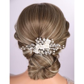 Teyglen Floral Flower Hair Comb Silver Rhinestone Pearl Wedding Hair Comb Bridal Headpiece Crystal Hair Piece Flower Hair Accessories for Women (Silver)