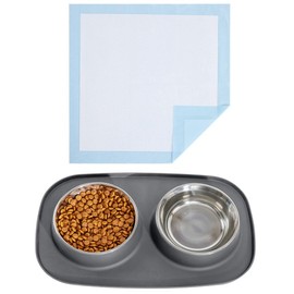 Gorilla Grip Disposable Pet Training Pads and Cat and Dog Bowls Feeding Mat Set, 150 Pack of 28x34 Leak Proof Puppy Pads Blue, 2 Cup Slip Resistant Waterproof Feeding Mat Set Gray, 2 Item Bundle