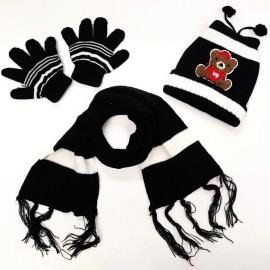 Unbranded 3-Pieces Winter Beanie Hat Scarf Gloves Set Warm Knit Skull Cap Boy Girl Kids - Black