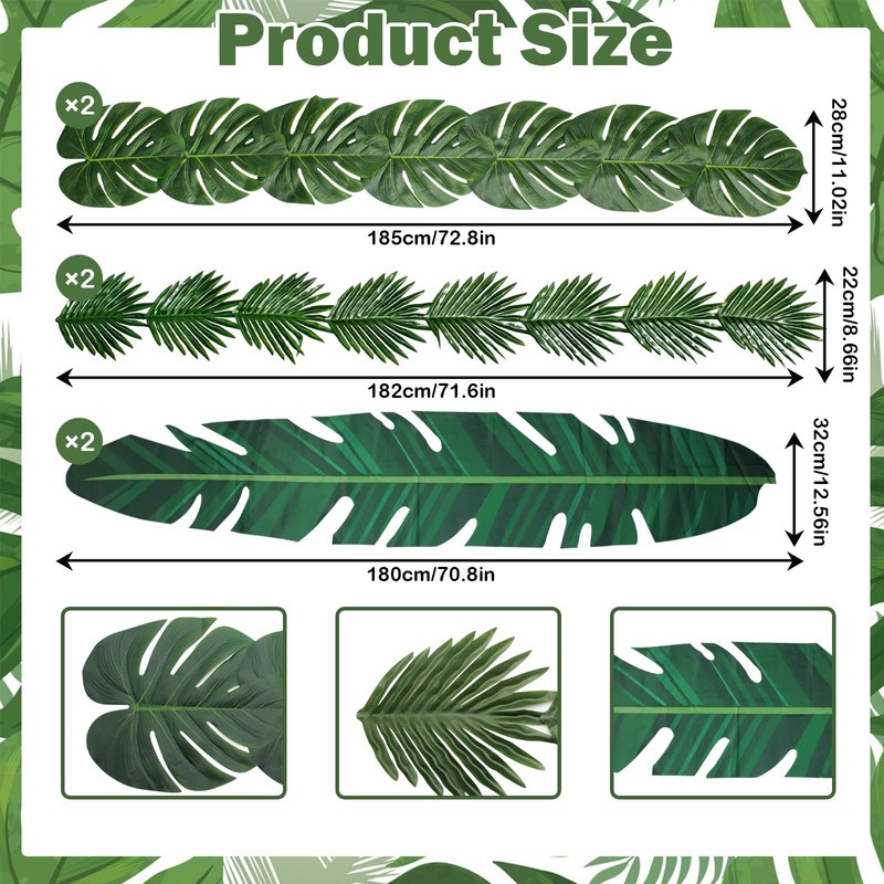 6 Pcs Artificial Palm Leaves Table Runners, 72 Inch Tropical