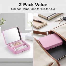 2Pack 2-in-1 Dental Floss & Cotton Swab Cases with Mirror - Portable & Refillable Floss Pick Holders, Gum Container Metal Tin Box Case for Q-tip,Cotton Swab (Pink)