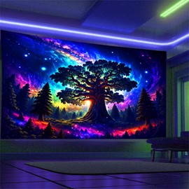 Arsey Tree Tapestry Forest Trippy UV-Reactive Wall Tapestry Glow In The Dark Tapestries Vertical Stars Galaxy Blacklight Tapestry Aesthetic Decor Bedroom Party Blue, Large 230x180cm