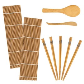Bamboo Sushi Kit 9 Pieces Beginner Bamboo Rolling Mat for DIY Sushi Making Including 2 Bamboo Rolling Mats - 5 Pairs Chopsticks, 1 Rice Spoon, 1 Rice Spatula
