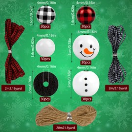 KIMOBER 180PCS Christmas Snowman Wooden Bead,Winter Craft Wood Round Beads Buffalo Plaid Bead with Rope for DIY Craft Decoration