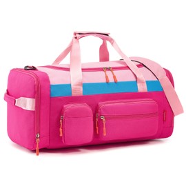 WOOMADA Kids Duffle Bag for Boys or Girls,Weekender Overnight Bag with Shoe Compartment & Wet Pocket Perfect For School, Sports, Overnight Trips(Hot Pink)