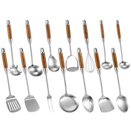 14 Pcs Stainless Steel Kitchen Utensils Set - Wooden Handle Metal Cooking Tools Set with Whisk, Masher, Spatula, Turner, Ladle, Skimmer, Pasta Spoon for Serving, Heat-Resistant Chef Gadgets