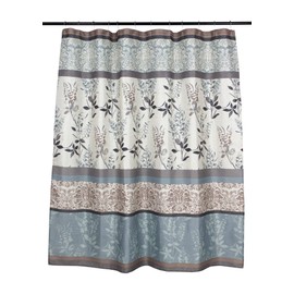 Serafina Home Light Blue Beige Grey Fabric Shower Curtain for Bathroom: Contemporary Floral Bordered Damask Design