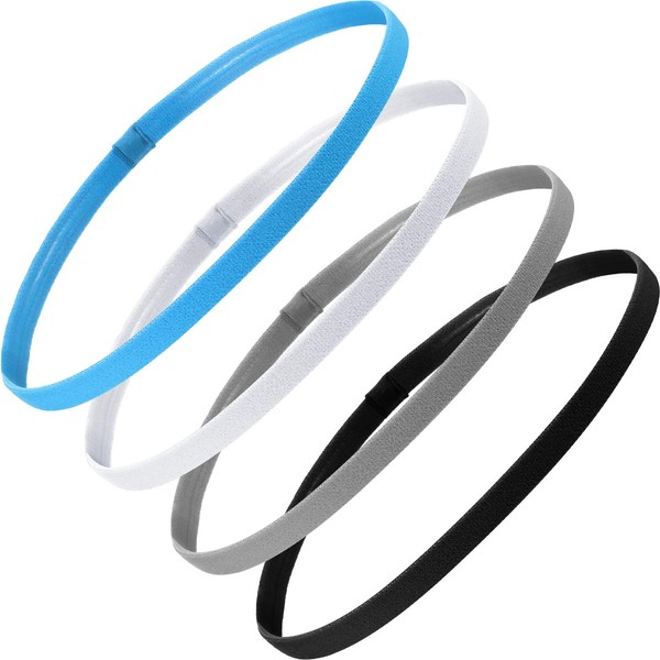 4 Pieces Thick Non-Slip Elastic Sport Headbands Hair Headbands for Women and Men (Black, White, Grey, Royal Blue)