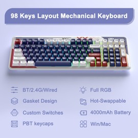 MageGee Wireless Mechanical Keyboard,Cloud98 RGB Backlight Triple Mode 2.4GHz/BT/USB-C Wired Gaming Keyboard,Gasket Mounted PBT Material 98 Keys Hot-Swappable Keyboard - Cloud Sea/LvoryWhite Switch