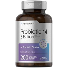 Horbäach Probiotics 6 Billion CFUs | 200 Chewable Tablets | Berry Flavor | 14 Probiotic Strains | Vegetarian, Non-GMO & Gluten Free Supplement for Men