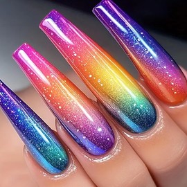 IMSOHOT Long Press on Nails Colorful Coffin Fake Nails Rainbow Ombre Glossy Glue on Nails Full Cover Cute Ballerina Acrylic False Nails for Women 24Pcs Stick on Nails