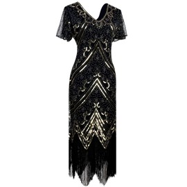 Women 1920s Sequin Beaded Tassels Hem Flapper Dress with 20s Headband Accessories Set (L, Style 3 Black Gold)