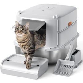Furkid Stainless Steel Cat Litter Box with Lid, XL Extra Large Litter Box for Big Cats, Enclosed Metal Kitty Litter Box with High Sided Enclosure & Scoop, Anti-Leakage, Non-Sticky, Easy Cleaning Gray