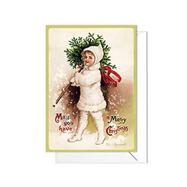 Christmas Greeting Card with Envelope Vintage Retro Victorian Edwardian Pretty (Child With Christmas Tree) - code T56