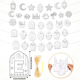HOWAF 5pcs Eid Mubarak Ramadan Mubarak Coloring Banner with 24 Paint Pens, Ramadan Kareem Moon Star Castle Coloring Bunting Banner, Eid Holiday Party Favors Coloring Hanging Banner