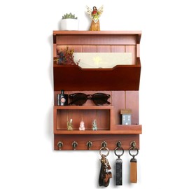 DOPACE Key Holder for Wall, Mail and Key Holder, Mail Organizer Wall Mounted, Key and Mail Holder for Wall with 6 Key Hooks, Pine Wood Luxury Auburn