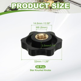 YELARXI Clamping Nuts Knob Plastic Screw-On Brass Star Knobs Knurled M8 Female Threaded Hexagon Head, 1.3 Inch Head Diameter Fit for Lawn Mower Handle Machinery (30 Pack, Black)