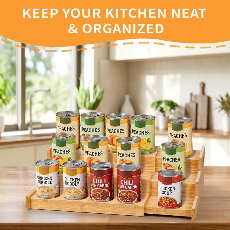 Expandable Bamboo Can Rack Organizer, 3 Tier Canned Food Storage