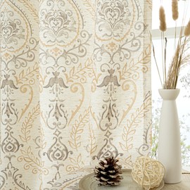 LAMIT Yellow Floral Linen Curtains 95 Inch Length, Vintage Damask Printed Curtains Grommet Light Filtering Rustic Cottage Drapes for Living Room/Bedroom, 2 Panels, Each 52 x 95 Inch