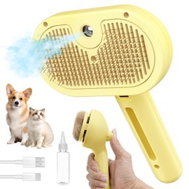 Herokitty 3 In 1 Self-Cleaning Steamy Brush for Pet Grooming - Anti-Static Flying Hair Spray, Removes Loose Hair and Reduces Shedding for Long and Short Fur, Yellow