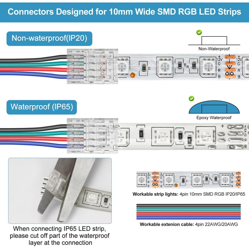 RGBZONE 25Pcs 4 Pin 10mm LED Connectors Gapless Solderless LED