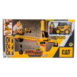CAT Construction Workforce Jumbo Tower Crane Set, 50-Inch RC Crane Toy with 360-Degree Rotation, Hook and Wrecking Ball, Light, Skid Steer and 4" Figure, USB Rechargeable, Ages 5+