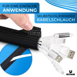 Wertmann Woven Cable Conduit Black [3 m] as TV Cable Duct Black and for PC as Cable Duct Desk - Diameter Adapts to [19-24 mm] - Cable Management Desk, Cable Protection Dog