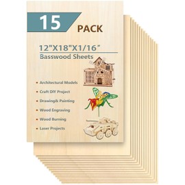 15 Pack 12"x18"x1/16 Basswood Sheets for Crafts- Thin Plywood Sheets - Balsa Wood Sheets -Unfinished Wood Boards for Painting,Laser Cutting,Engraving,Burning and CNC Cutting