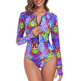 RELLECIGA Women's Purple Leopard Long Sleeve Rash Guard One Piece Size X-Large