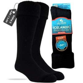 J.B. Field's -50 Below Icelandic Wool Socks for Extreme Cold Winter Weather, Thermal Socks for Women and Men, Thick, Warm, Soft for Hiking, Boot Hunting, 2 Pairs (Large) Black (Turn Down)