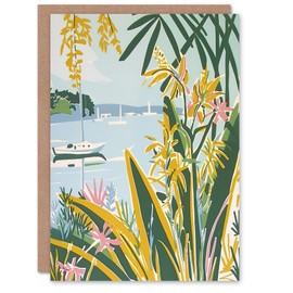 Artery8 Greeting Card Summer Marina Coastal Wildflowers Pastel Colour Blank For Him Or Her Art Birthday Card