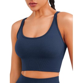 JOYSPELS Women's Sports Bra Seamless Longline 4-Way Stretch Yoga Top with Removable Pads for Gym, Workouts, Running Ocean Blue L