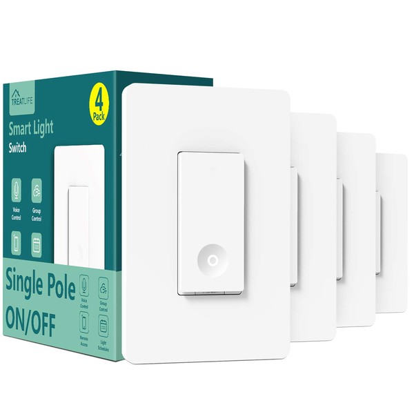 TREATLIFE Smart Switch 4 Pack, 2.4Ghz Smart Light Switch WiFi Light Switch Single-Pole, Neutral Wire Required, Works with Alexa, Google Home and SmartThings, Smart Home Remote Control, FCC/ETL Listed
