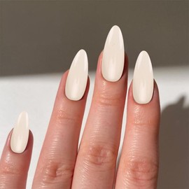 24PCS Bright White Press On Nails - Short Stiletto Almond Shape False Nails For Women - Glossy Solid French Tip Design Reusable Stick On Set With Comfortable ABS Material For DIY Manicure