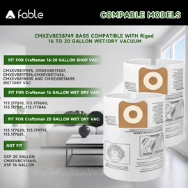 6 Packs A Fable 16 and 20 Gallon Wet/Dry Vacuum Collection Bags replace for Craftsman、shop vec and riged CMXZVBE38749, Universal Vacuum Filter Bags