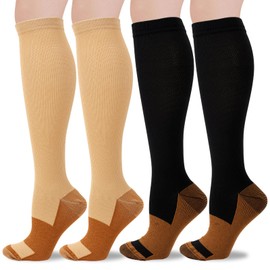 2 Pairs Compression Socks for Women Men, Flight Compression Stocking Socks, Support Socks Varicose Veins Socks Pressure Socks Travel Socks for Women Pregnancy, Sports, Nurses (Bronze Skin+Black, L/XL)