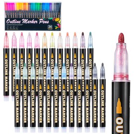 Mzh Art Double Line Metallic Markers 24 Colours Outline Pens Glitter Pens for Designing Your Own Photo Album, Guest Book, Scrapbook