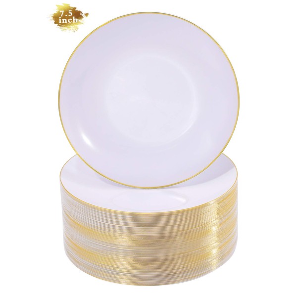 Nervure 100Pieces White with Gold Rim Plastic Plates - 7.5inch Disposable Gold Salad/Dessert Plates - White and Gold Plastic Plates Ideal for Wedding & Party