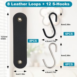 Omsscun Pack of 8 S Hooks with Leather Loop and 4 S Hooks 6 cm, Hooks for Hanging, Maximum Load 15 kg, Metal Hooks for Clothes Rail, Kitchen, Bedroom, Living Room (12.5 x 3 cm, Black)