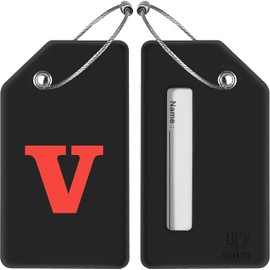 Gostwo - Paquete de 2 etiquetas de equipaje de silicona con letra inicial, bolso escolar, veliz de instrumento, color naranja (V, negro)