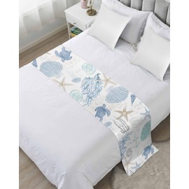 Blue Coral Ocean Bed Runner for Cal. King Size Bed, Bedspread Protector Slipcover Bed Scarf for Foot Bed Runners & Scarves for Bedroom 94x20 Summer Beach Starfish Turtle Nautical Anchor Jellyfish