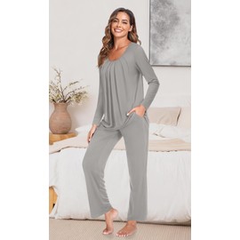 TAOHUADAO Womens Pajamas Set Fall Long Sleeve Tops and Pants with Pockets Ladies Plus Size Pjs Set Winter 2 Piece Loungewear L, Grey