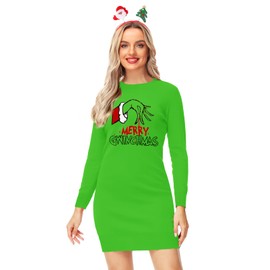 Christmas Sweater Dress for Women Green Monster Hand Printed Ugly Pullover Xmas Knit Bodycon L