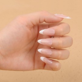 Press on Nails-LADYING White French with Pearls Designs Press on Nails,Almond Medium Length Fake Nails with Glue,12 Sizes - 24 Pieces Nail Art for Women and Girl