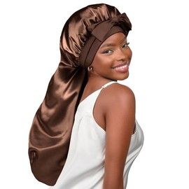 YANIBEST Silk Bonnet for Sleeping Women Braid Bonnet for Long Hair with Tie Band Satin Bonnet for Braids Hair Sleeping Cap Gifts for Women Black silver  bonnet - Color: Brown