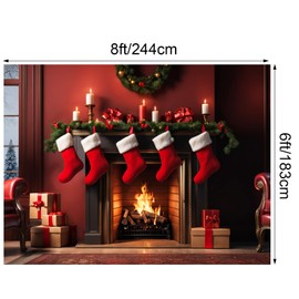 VitalCozy Christmas Fireplace Backdrop Christmas Xmas Tree Stocking Polyester Background Decoration for Photo Studio Props(Red,8 x 6 ft)